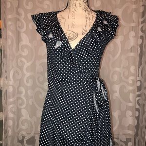 New navy and white polka dot wraps dress